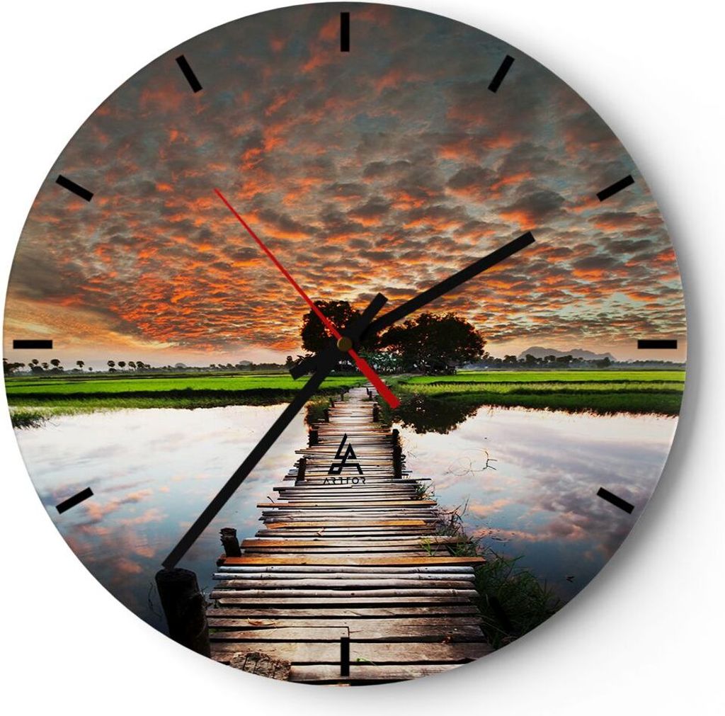 Wanduhr - Rund - Glasuhr - Asien brücke see natur - 30x30cm - Schleichendes Uhrwerk - Lautlos - zum Aufhängen bereit - Dekoration Modern - Wandde...