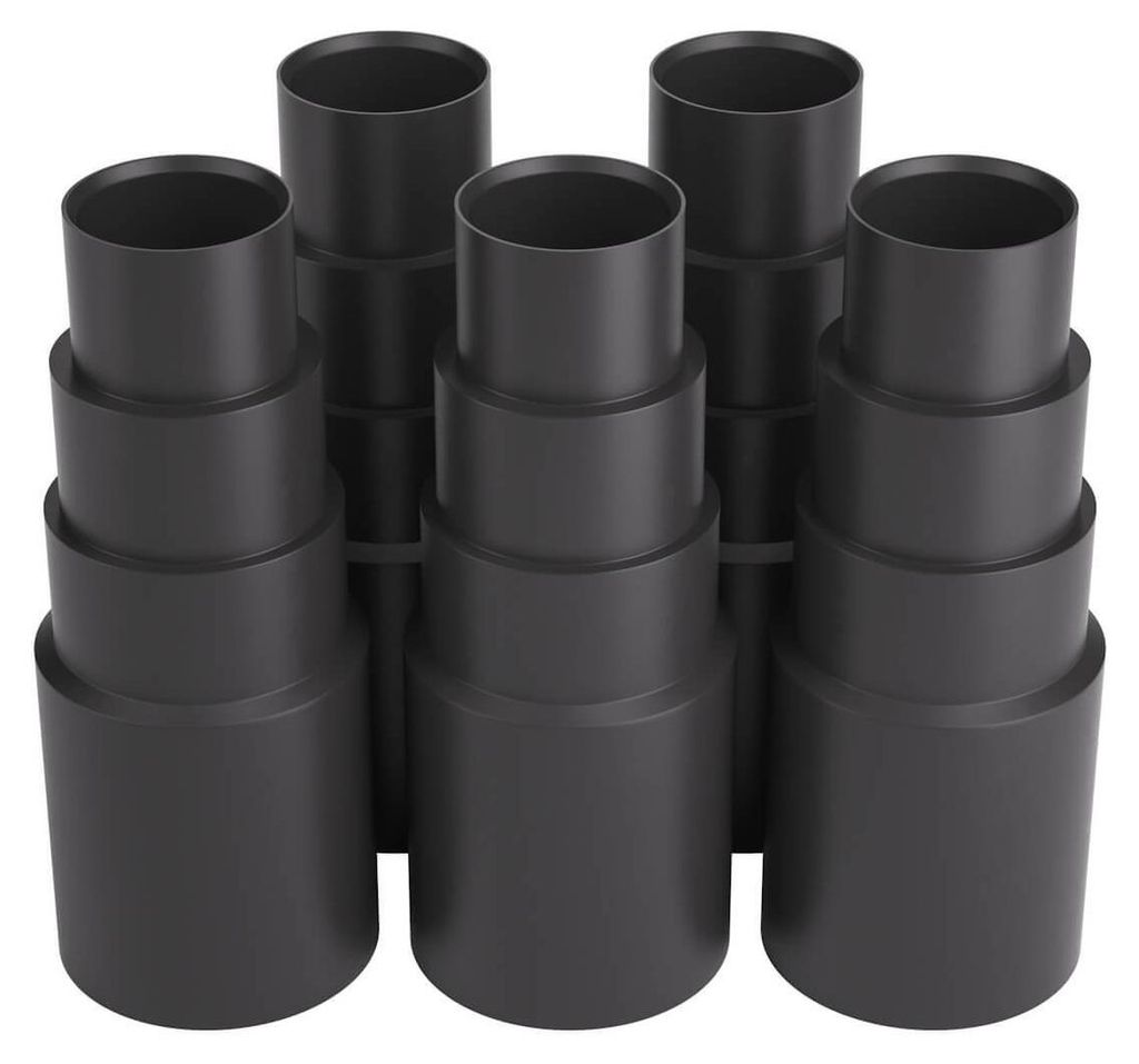 A group of black vacuum cleaner adapters arranged in a grid formation against a white background.
