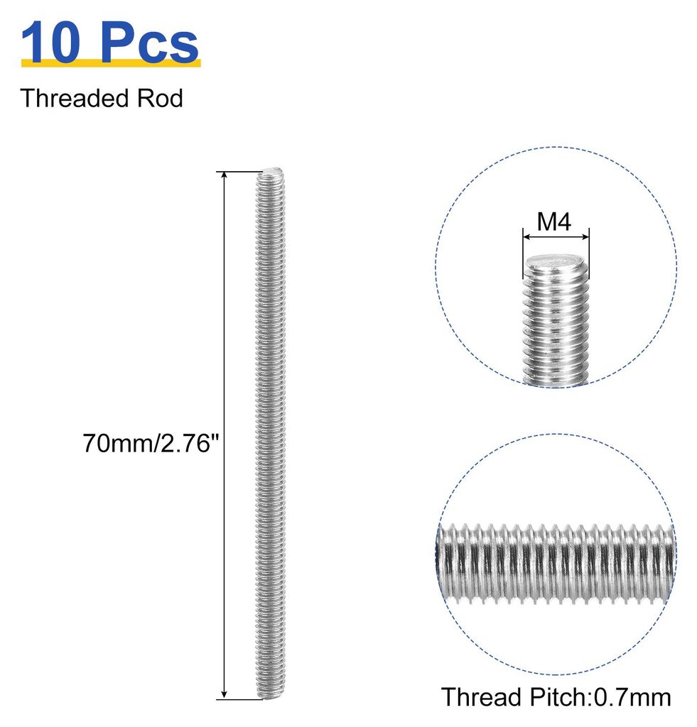 10 Stš¹ck Gewindestange M4 x 70mm Vollgewinde Stange 304 Edelstahl Rechtsgewinde St?be fš¹r Ankerbolzen, Klemmen, Haken und U-Bolzen, 0,7 Gewin...