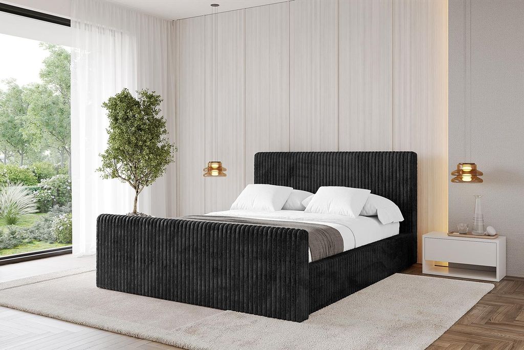 ALTDECOR Polsterbett mit Bettkasten - ALOVA-Z-v1 - 160x200 Cord - Schwarz - Bett mit Kopfteil und Fußteil, Boxbett ohne Matratze, Doppelbett mit...