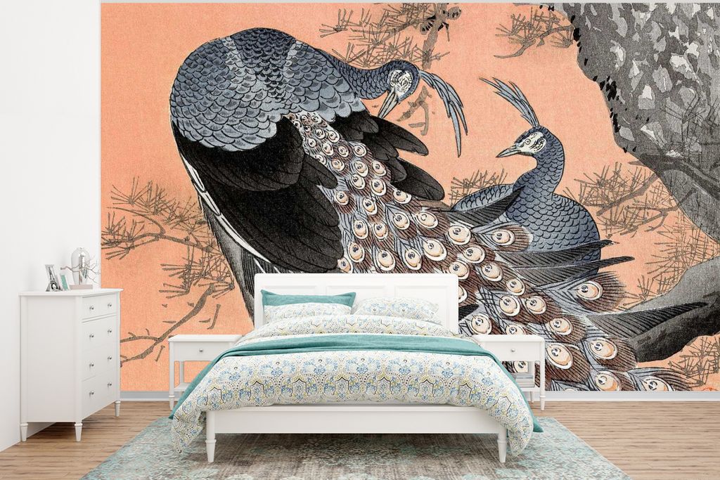 MuchoWow Fototapete für Wohnzimmer oder Schlafzimmer Wandtapete Vinyl Motivtapete Federn - Pfau - Vintage - Japanisch - 375x280 cm - Schlafzimme...
