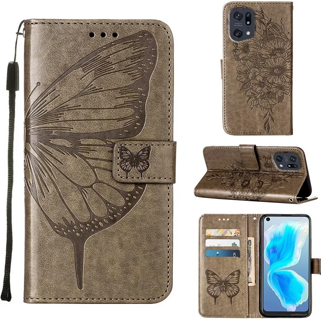 OPPO Find X5 Pro Case, Butterfly Relief Flip Custodia in pelle con slot per schede e supporto per OPPO Find X5 Pro Grigio