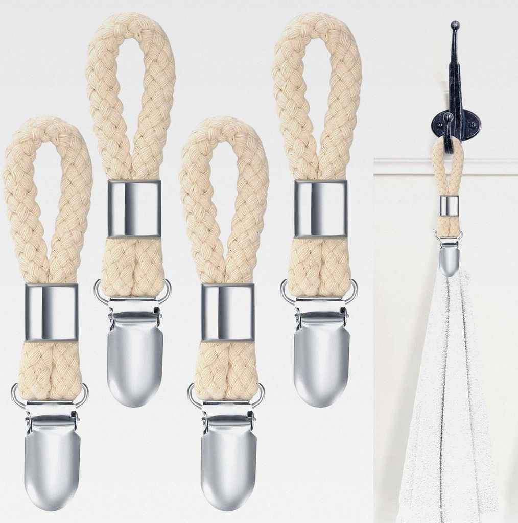 4 Stück Handtuch Clips zum Aufhängen, Handtuchclips mit Schlaufen, Handtuch Klammer, Haken für Handtücher, Geschirrtuch Handtuchhalter Clips
