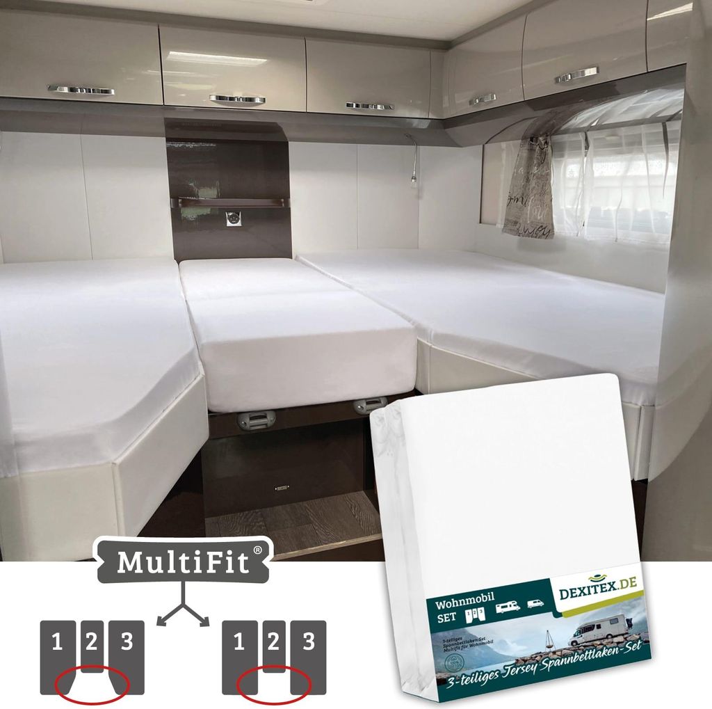 Dexitex Spannbettlaken 3er Set für Wohnmobil & Caravan – Einzelbett / Mittelmatratze – Baumwolle Weiß