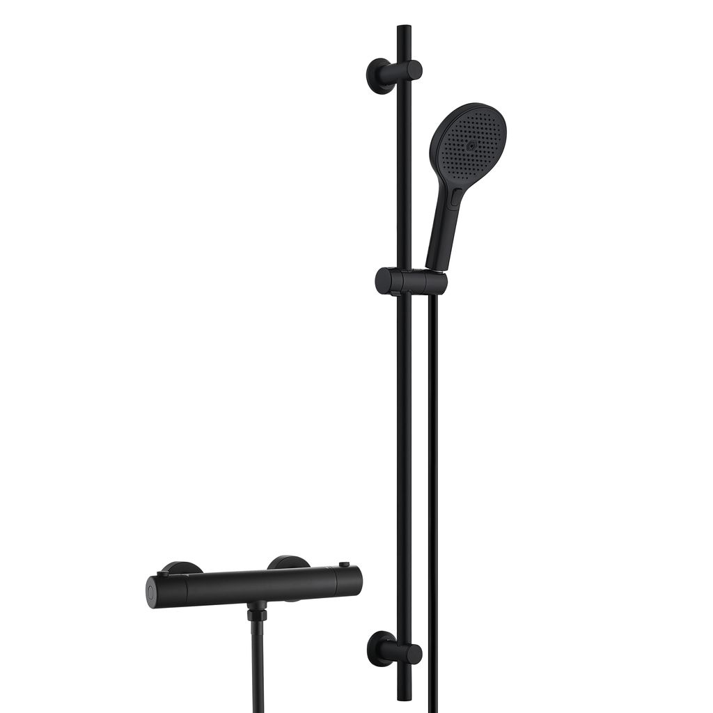 JOHO Edelstahl Duschsystem mit Duscharmatur, Brausestange Set mit Thermostat, Duschkopf mit 3 Strahlarten, Schlauch, Duschstange 100 cm, Schwarz