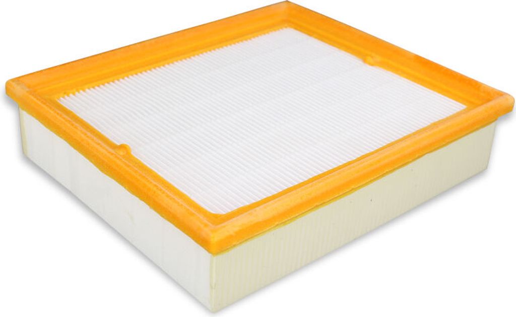 A rectangular air filter with a pleated white filter material and an orange frame.