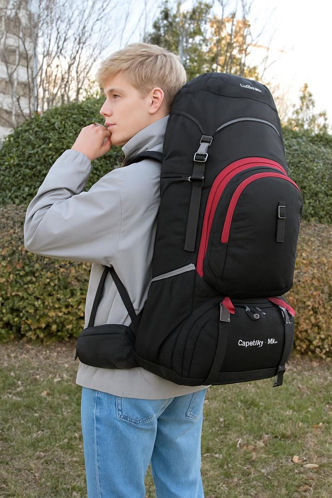 Wanderrucksack 80L Schwarz - Großer Camping Rucksack mit Regenhülle - Robuster Trekkingrucksack für Outdoor & Festival (50x24x78 cm)