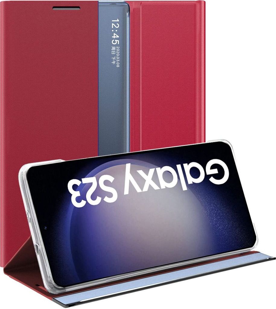 Samsung Galaxy S23 Hülle, Slim Flip Leder Smart View Window Klappetui Schutzhülle mit Standfunktion für Galaxy S23 Rot