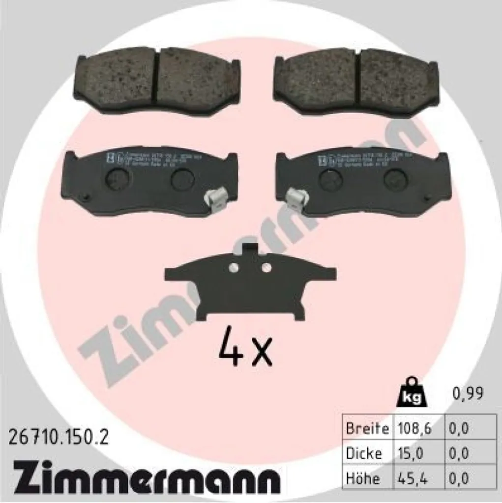 Jeu de plaquettes avant Zimmermann 26710.150.2 pour entretien freinage