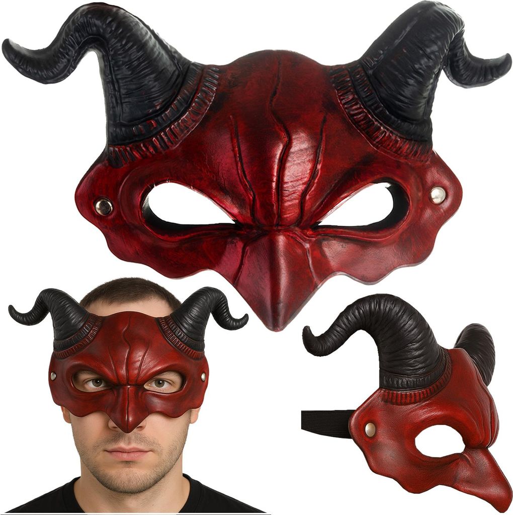 A collage of three images showing a red devil mask with black horns from different angles. One image shows the mask on a white background, another shows a person wearing the mask, and the third shows a side view of the mask.