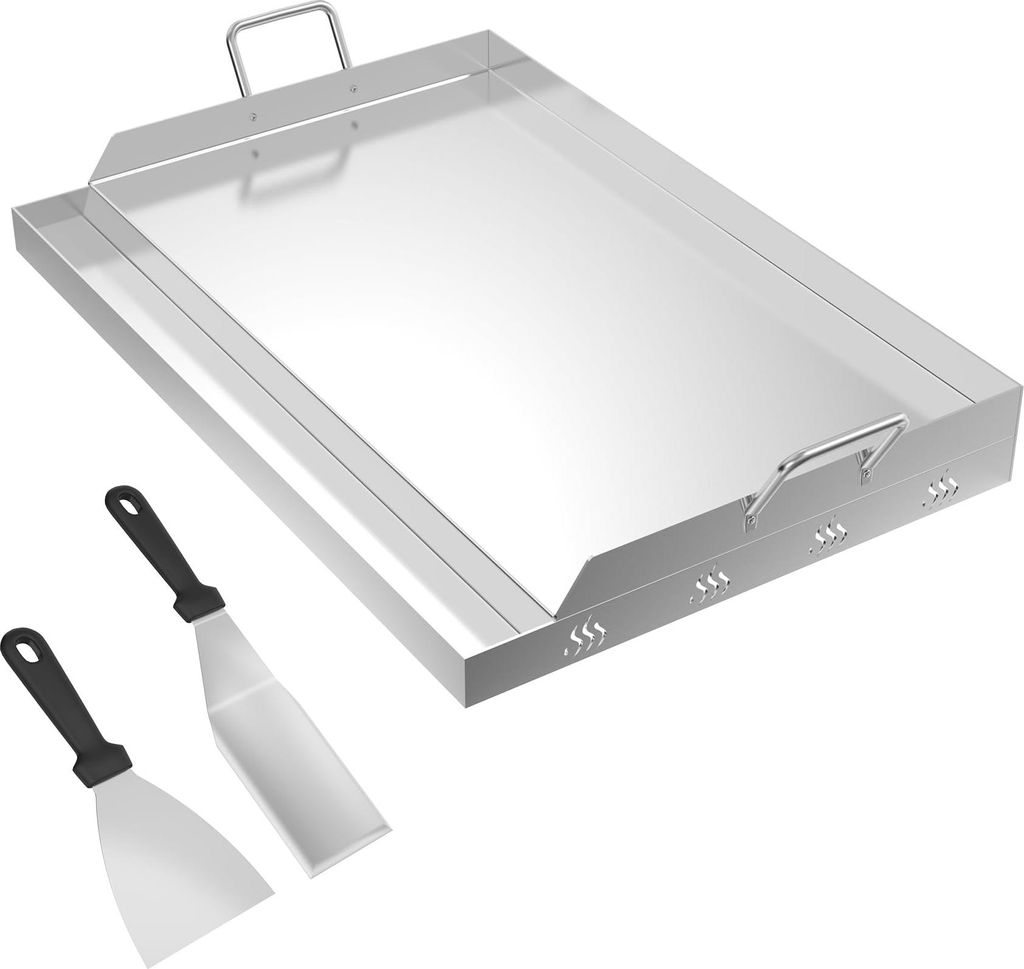 NAIZY Edelstahl Grillplatte 51 x 32 x 7 cm BBQ Plancha Grillplatte inkl. 2 Grillspachtel & Griffen | Grillblech mit Ölrinne | Feuerplatte Grillzub...