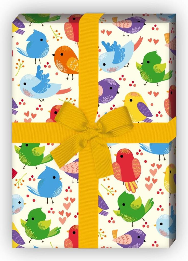Kunterbuntes Geschenkpapier mit süßen Vögeln und Herzen, rot - G8208, 32 x 48cm