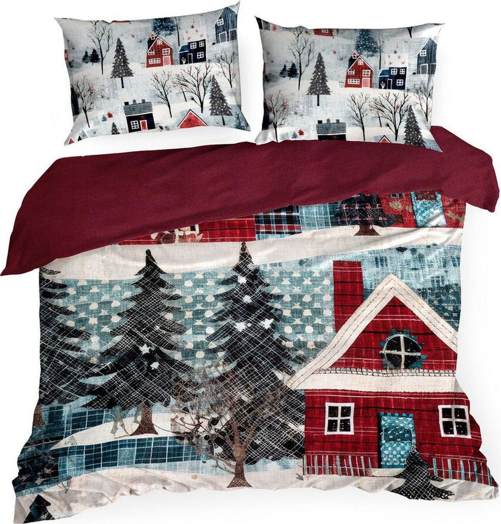 EUROFIRANY - Weihnachtsbettwäsche - Baumwolle - weiß rot grün - Bettbezug 200 x 160 cm - 2x Kissenbezug 80 x 70 cm