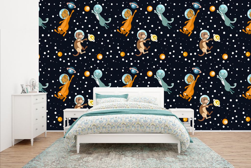 MuchoWow Fototapete für Wohnzimmer oder Schlafzimmer Wandtapete Vinyl Motivtapete Planeten - Hund - Muster - 400x240 cm - Gemustert