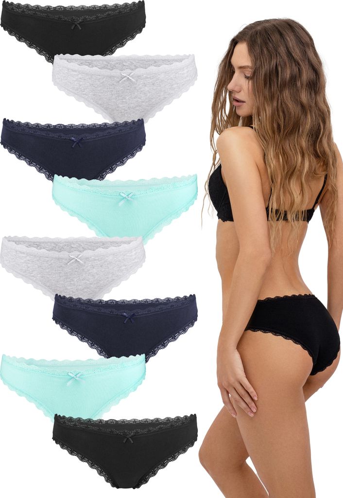 Fabio Farini - 8 Stück Damen Bikinislip - Unterhosen aus weicher Baumwolle mit Stretch-Anteil im Bikini-Style mit Schleifchen und dezenter Spitze