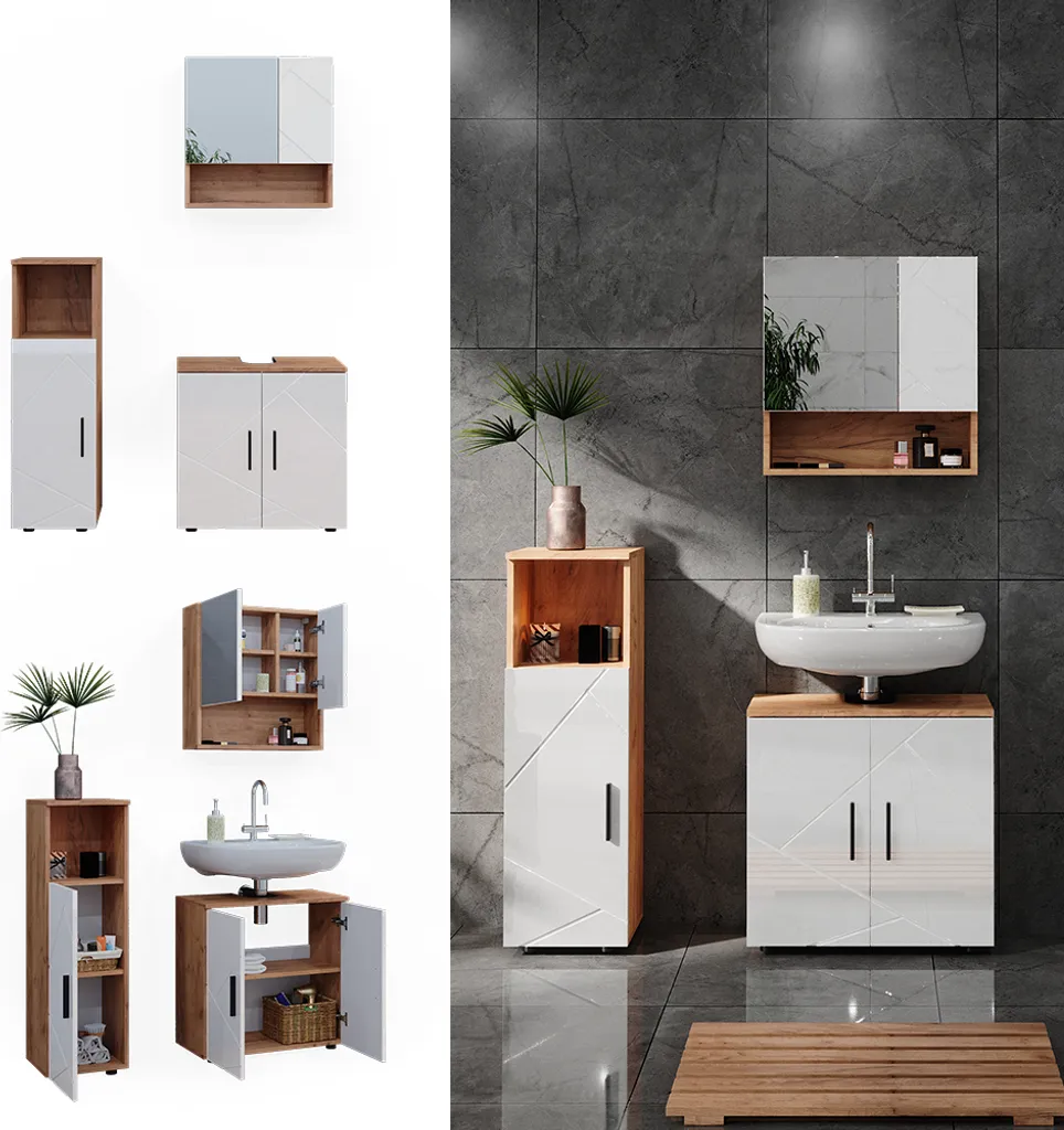 Vicco Irma Set de Bain 3 Éléments Blanc Brillant et Chêne Doré Modèle 40538 - 2