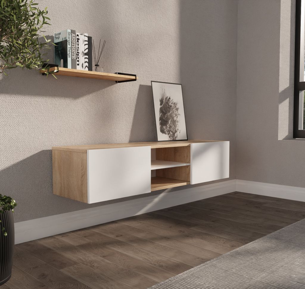 A modern living room with a wall-mounted TV lowboard and a shelf above it.
