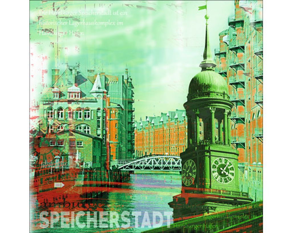 Glasbild Hamburg Speicherstadt grün 20x20 cm
