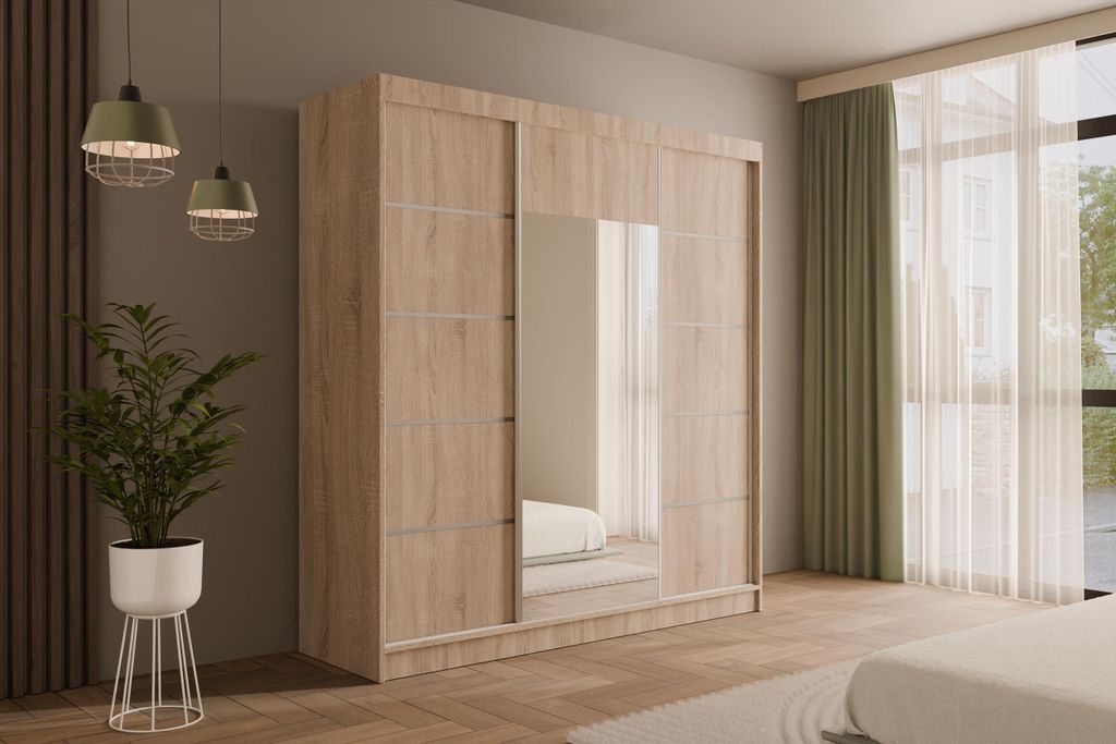 ALTDECOR Kleiderschrank mit Spiegel und Schiebetüren, Garderobenschrank mit viel Stauraum, Schwebetürenschrank, Schrank V2-LINEA 215x200 cm Sonom...