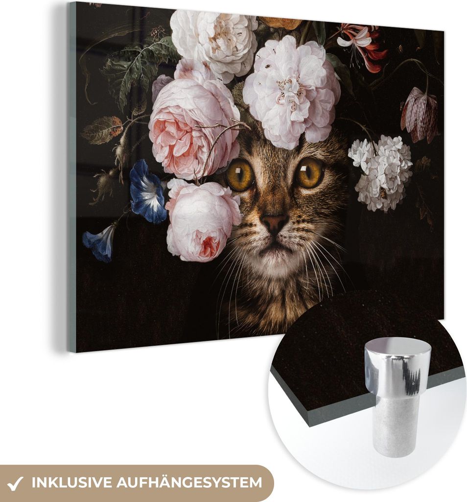 MuchoWow Glasbilder - Bilder auf Wandbild - Foto auf Glas Katze - Blumen - Kunst 120x80 cm Wanddekoration aus Glas - Acrylglasbild - Acrylbilder - ...