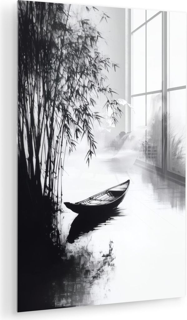 MuchoWow Glasbilder - Bilder auf Wandbild - Foto auf Glas Boot - Fluss - Bambus - Weiß 80x120 cm Wanddekoration aus Glas - Acrylglasbild - Acrylbi...