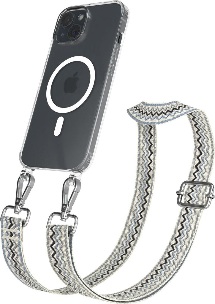 EAZY CASE - Handykette mit MagSafe Hülle für Apple iPhone 15, Handyband Wave Style, Karabiner Silber, Umhängeband in Beige