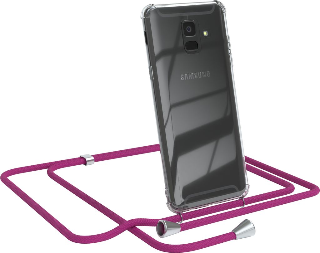 EAZY CASE Handykette kompatibel mit Samsung Galaxy A6 2018, Handyhülle mit Umhängeband, Handykordel, Schutzhülle Clear, Band in Rosa