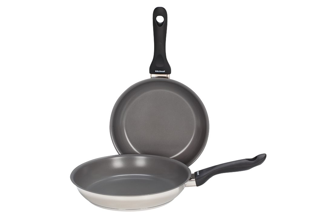 Two frying pans are shown against a white background.