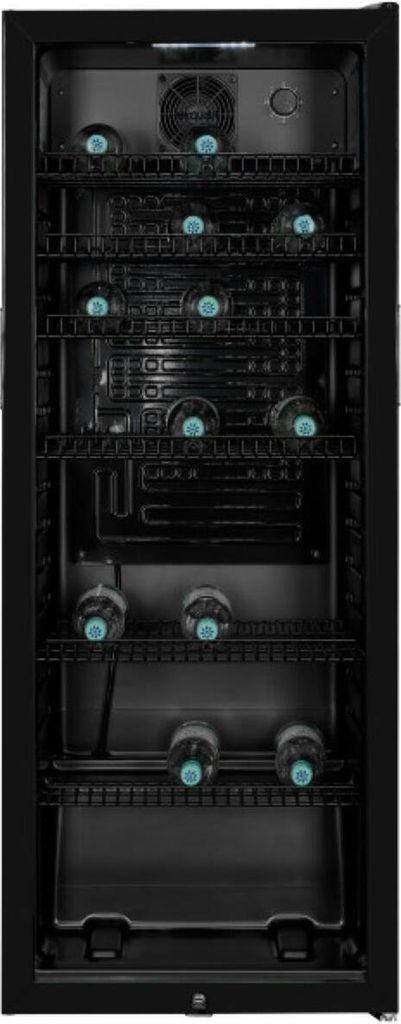 Inside view of a black wine cooler with bottles on shelves.