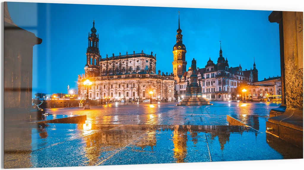 DEQORI Glasbild Echtglas 100x50 cm 'Altstadt Dresden am Abend' Wandbild Bild modern Deko