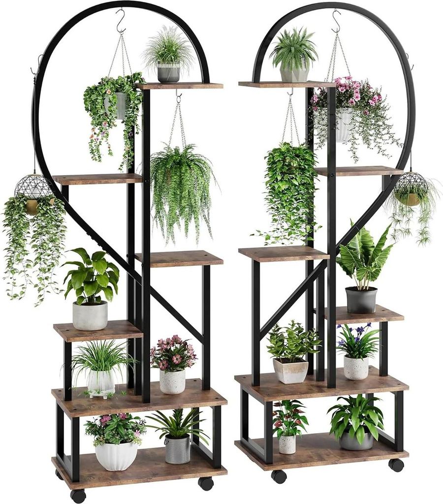 Halbherz-Pflanzenständer - Blumenregal - 2er-Set - 6 Ebenen - Mit Rollen - Metall - Für Sukkulenten - Gold