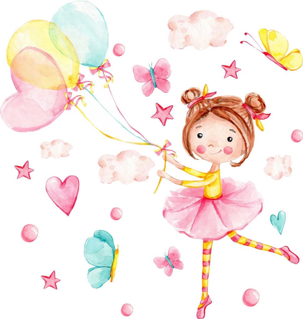 Wandtattoo Ballerina, Luftballons, mit umweltfreundlichen, geruchsneutralen Druckfarben - Wandsticker, Wandaufkleber Kinder 100 x 170 cm