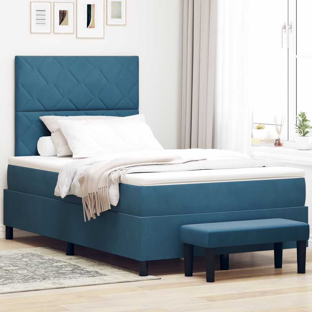 "2025"cloris Polsterbett Boxspringbett mit Matratze & Bank Dunkelblau 120x200 cm Samt - Klassische Betten/Bettrahmen CHY354602