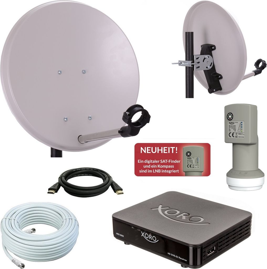 A collection of satellite TV equipment and accessories, including a satellite dish, LNB, receiver, and cables.