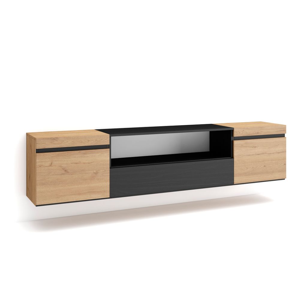 TV-Schrank, Lowboard, 200x35x45cm, Für TV-Geräte bis zu 80", Hängend, Eiche und Schwarz