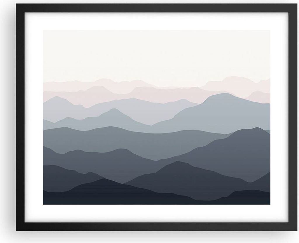Gerahmtes Poster - Schwarzer Rahmen - Berge Grafiken Buntstift - 50x40 cm - Wand Bild - Wanddeko - Wandbilder - Kunstposter - Wandposter - Bilderra...