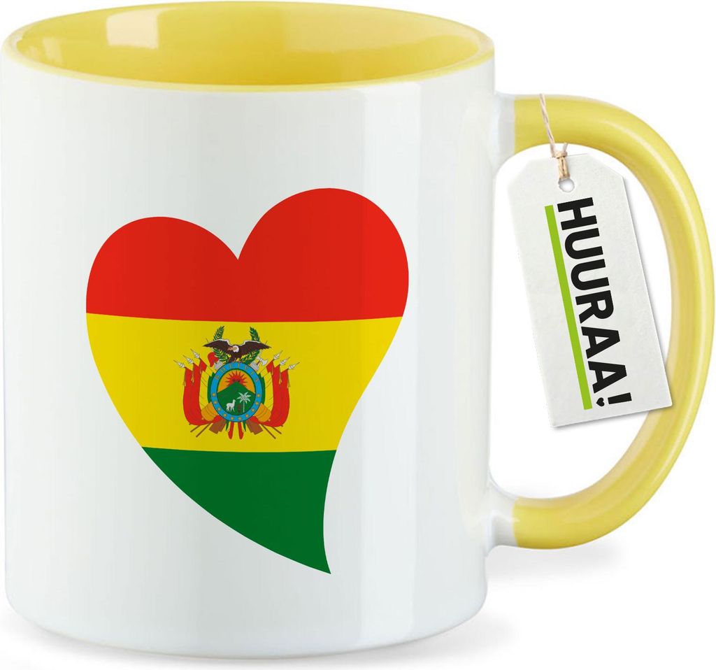 Huuraa Kaffeetasse Bolivien Flagge Herz 330ml Gelb Keramik Kaffeebecher Geschenkidee