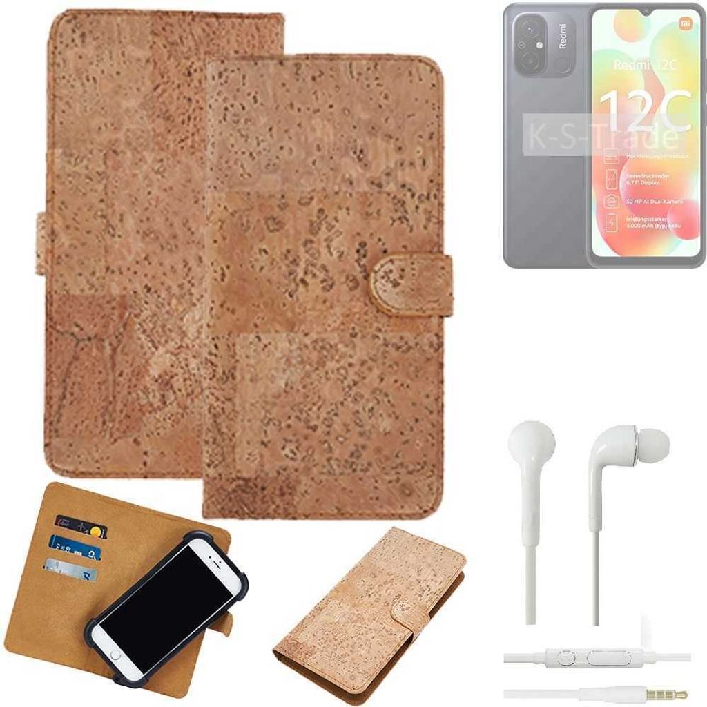 K-S-Trade Hülle kompatibel mit Xiaomi Redmi 12C + in ear Kopfhörer Kork Handyhülle Cover Schutzhülle TPU Case Bumper in Hellbraun, (1x)