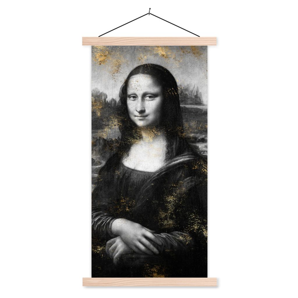 MuchoWow Textilposter Mona Lisa - Gold - Schwarz 60x120 cm mit holzfarbenen Rahmen - Holz