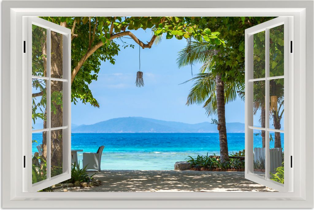 MuchoWow Poster Aussicht - Baum - Meer - Palme - Hügel - Strand - Blau 120x80 cm - Bilder