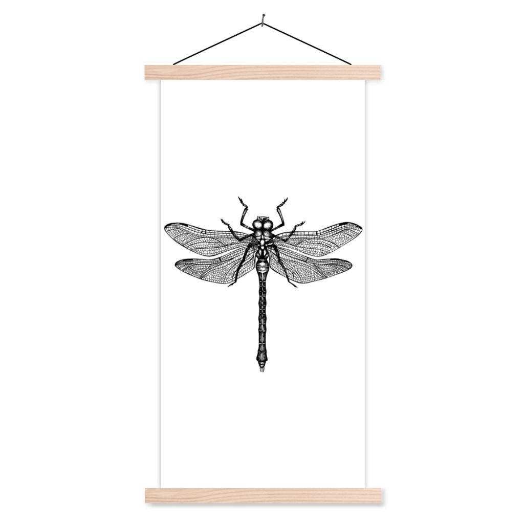 MuchoWow Textilposter Libelle - Insekten - Retro - Schwarz und weiß 40x80 cm mit holzfarbenen Rahmen - Wohnzimmer