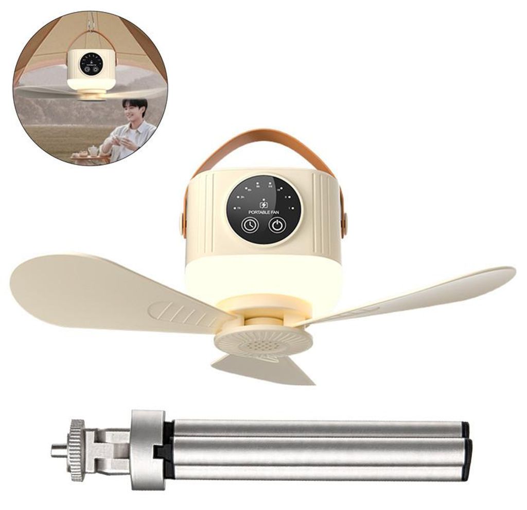 Deckenventilator Akku mit Beleuchtung Camping, Aufladbar Deckenventilator mit Licht und Fernbedienung, USB, Timer, Mobiler Ventilator Akku für Out...