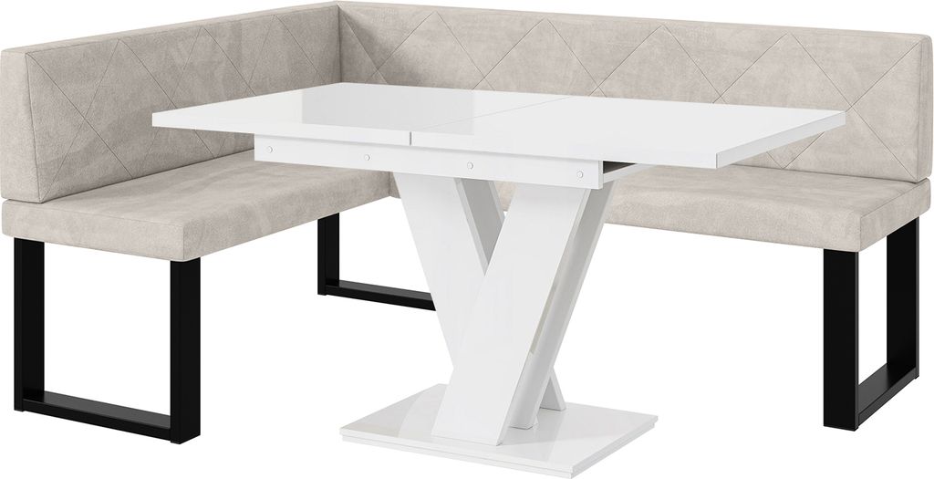 MEBLINI Eckbank für Esszimmer mit ausziehbarem Tisch - Küchenbank - Essecke - Sitzecke Küche - ERIC - U-Beine 128x168x87cm Links - Beige Samt/M ...