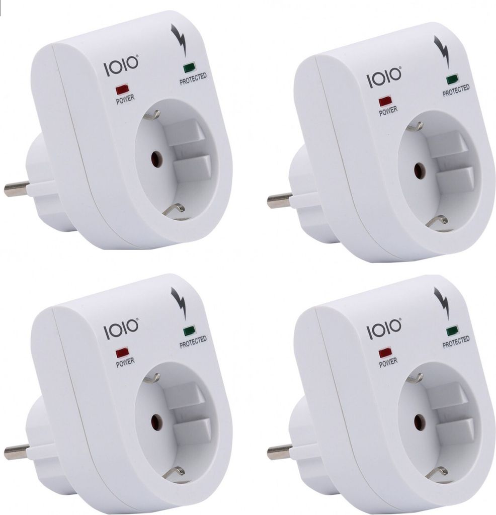 Four white surge protectors are arranged in a grid on a white background.