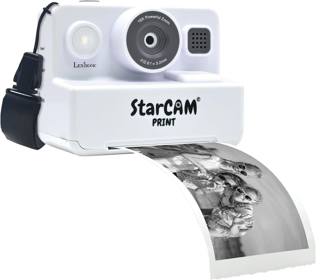 Kinderkamera mit Sofortdrucker, HD-Videos, Musik & Spiele, 32GB SD-Karte, 4 Papierrollen, Selfie- & Personalisierungsset, wiederaufladbar, Weiß