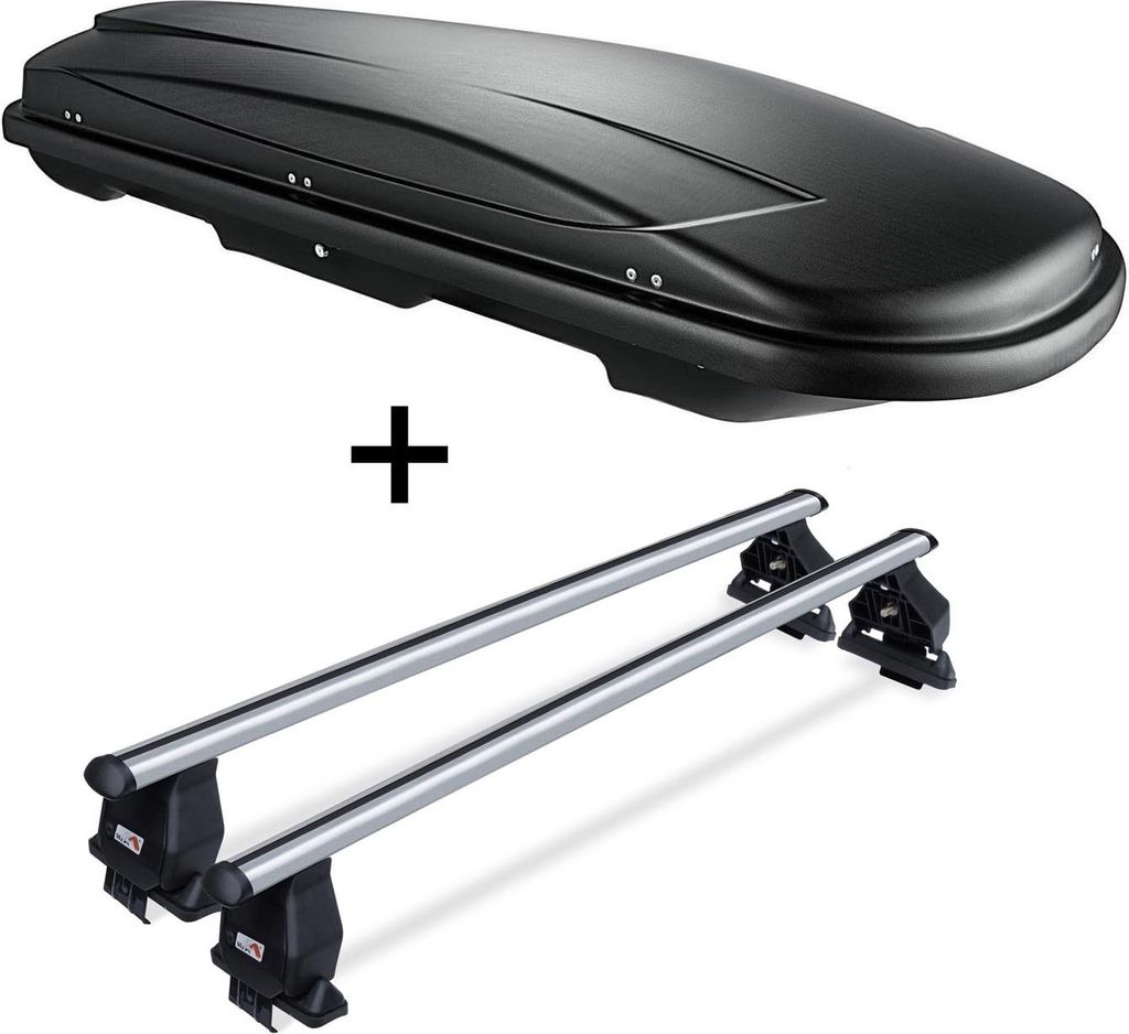 Dachbox VDP JUXT400 schwarz 400 Ltr abschließbar + Dachträger Menabo Tema kompatibel mit Tata Indica (4Türer) ab 2007 Aluminium