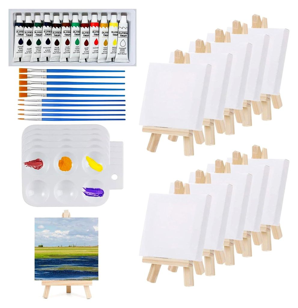 47 Stück Mini-Leinwand mit Staffelei, Tischstaffelei Set, Leinwand 10x10cm mit 12 Acrylfarben, Pinseln und rechteckiger Palette zum Zeichnen und M...