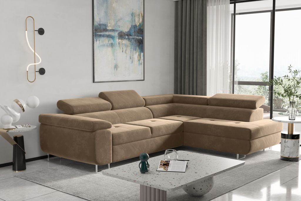 Kaiser Möbel Ecksofa mit schlaffunktion und bettkasten, Eckcouch ATOM Hellbraun Rechts