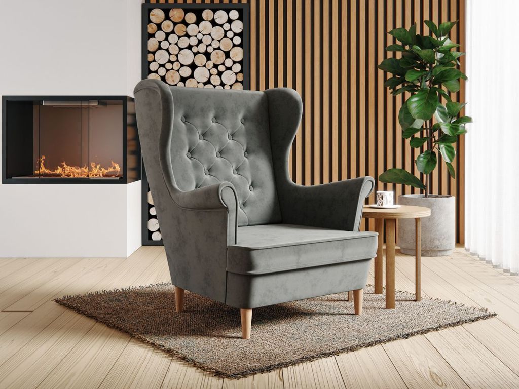 GrainGold Chesterfield Ohrensessel Oslo II - Wohnzimmersessel - Loungesessel, Sessel Moderner - Grau (Riviera 91)