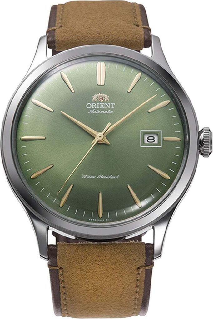 A close-up studio shot of an Orient watch with a green dial and a brown leather strap.